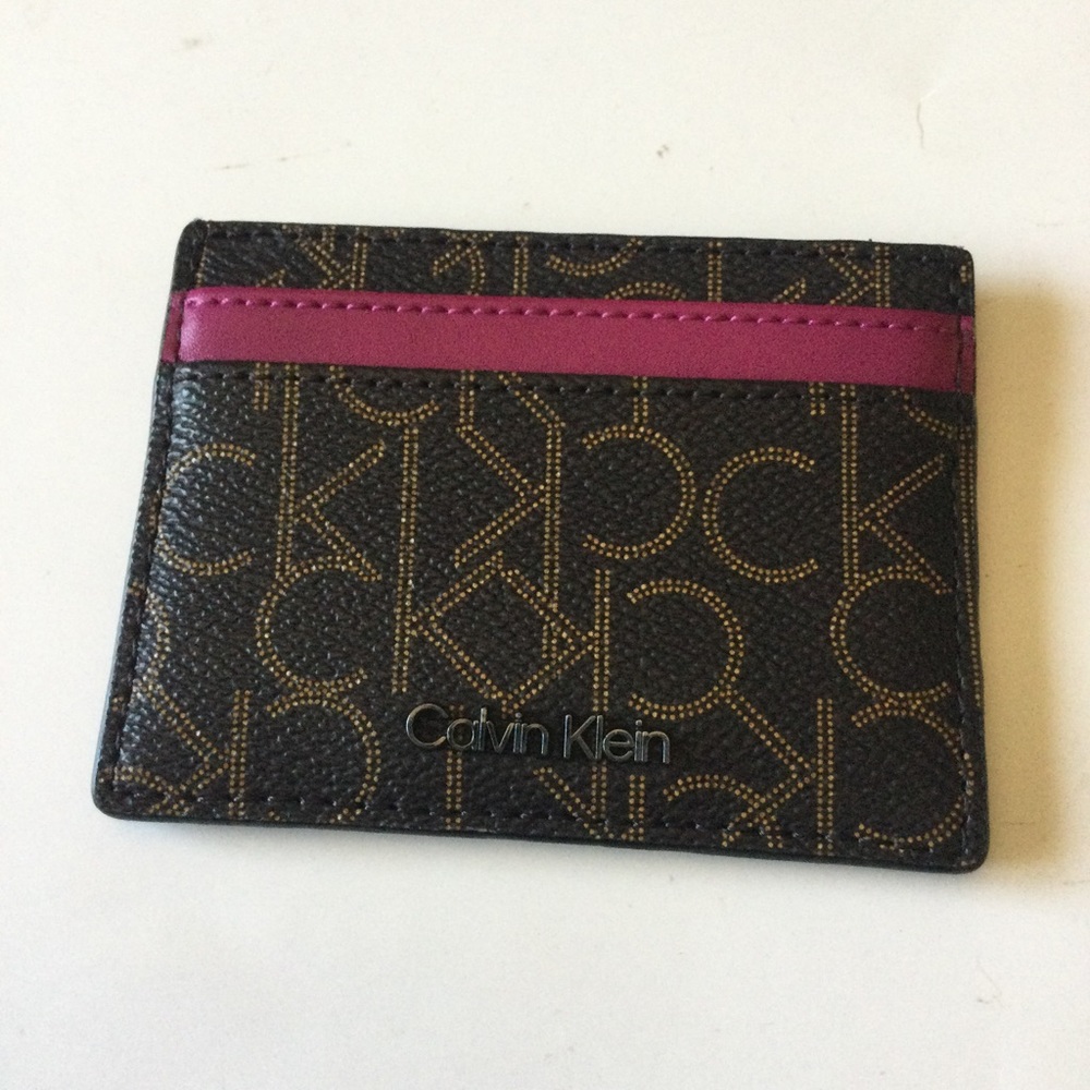 CALVIN KLEIN PIN DOT LOGO CARD CASE BROWN AND SALSA NWOT